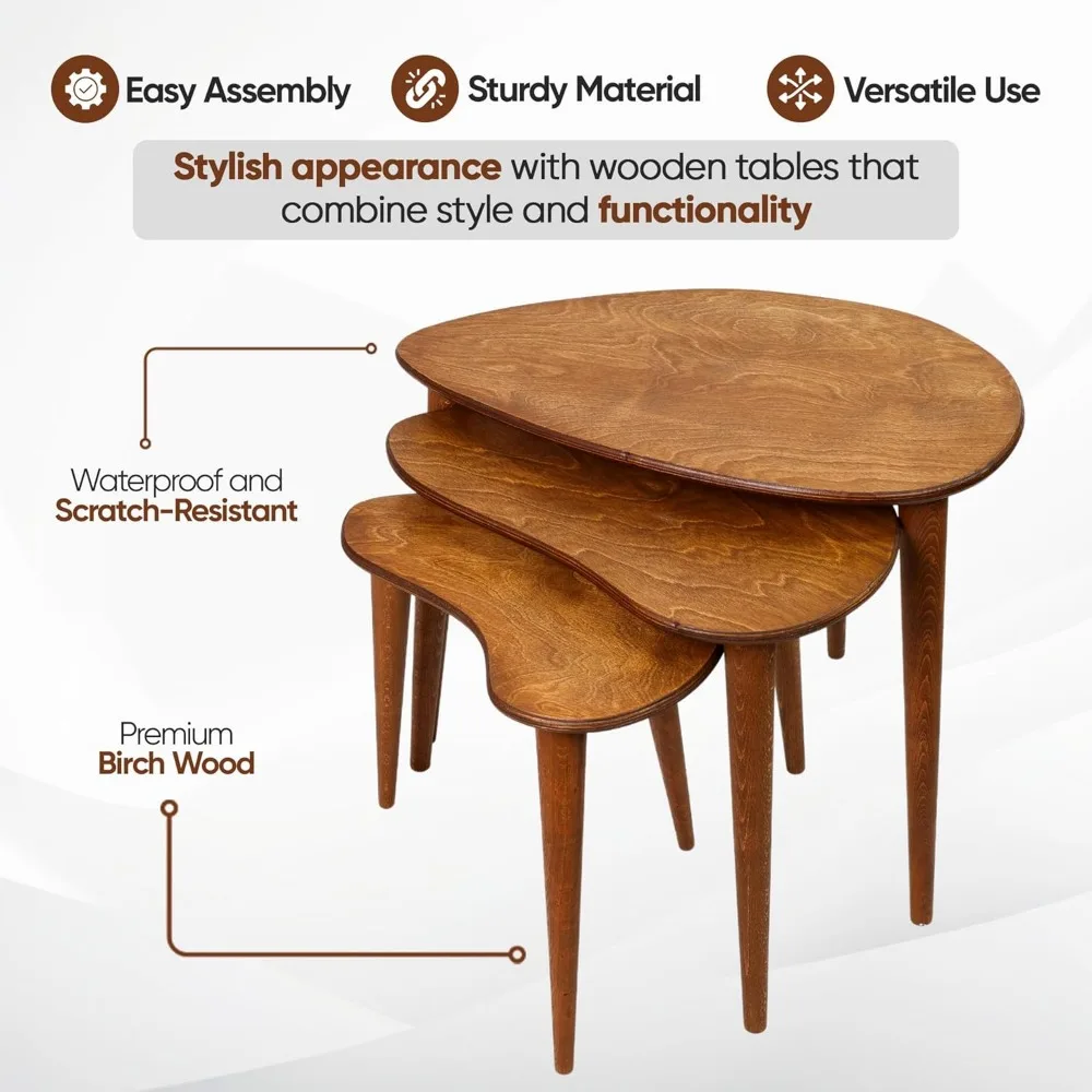 Solid nested table set of 3, birch mid-century pebble table with wood tapered legs, portable modern side coffee table 4