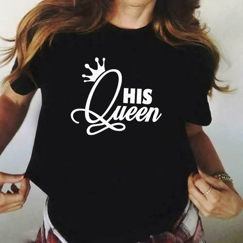 Her King His Queen Couples T Shirt Crown Print Couple Tshirt Summer Fashion Woman T-shirt Casual O-Neck Tops Lovers Tee Shirt