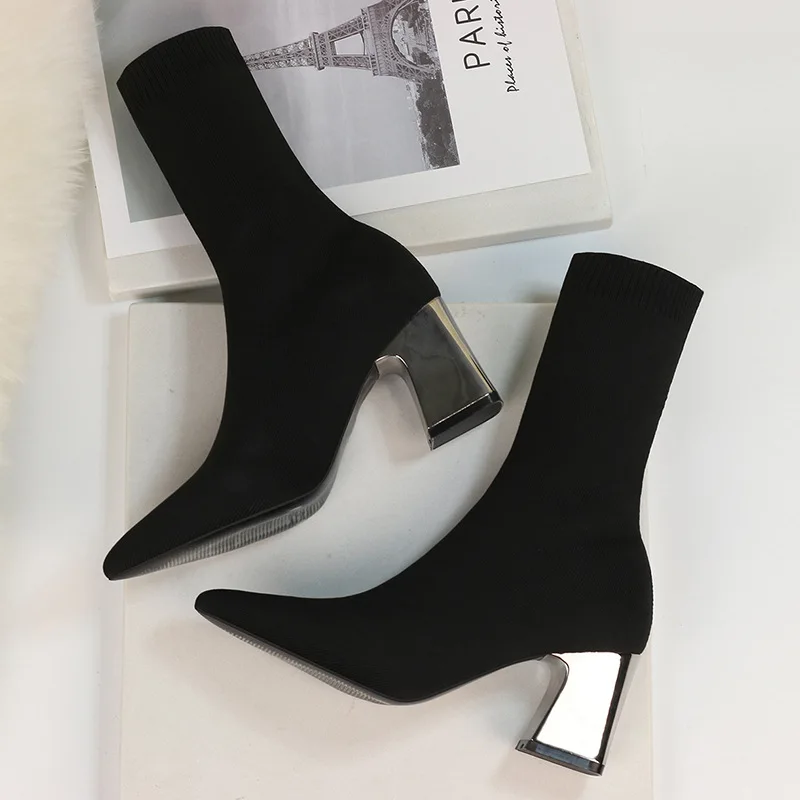 2022 Women Stretch Knitted Sock Boots Fashion Sexy High Heels Black Ankle Boots Stripper Low Block Heel Lady Winter Women Shoes