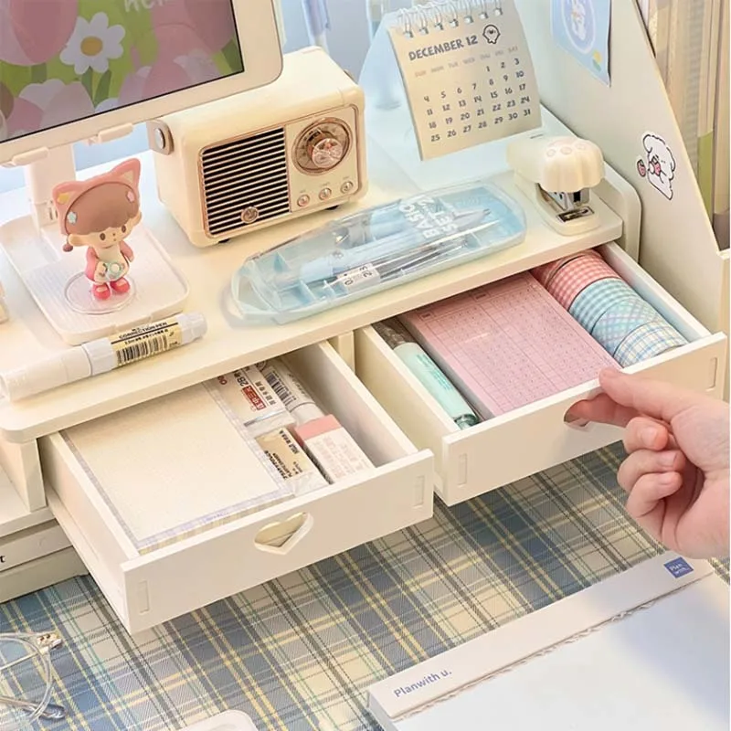 Desktop Elevated Rack With Drawers Simple Ins Wind Student Desk Computer Tablet Rack Stationery Storage Desktop Organizer storage tray office supplies set