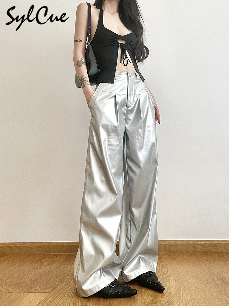 Sylcue Silver Retro Matte Trendy Personalized All-match Casual High Street Cool Confident Casual Women's Autumn Wide Leg Pants