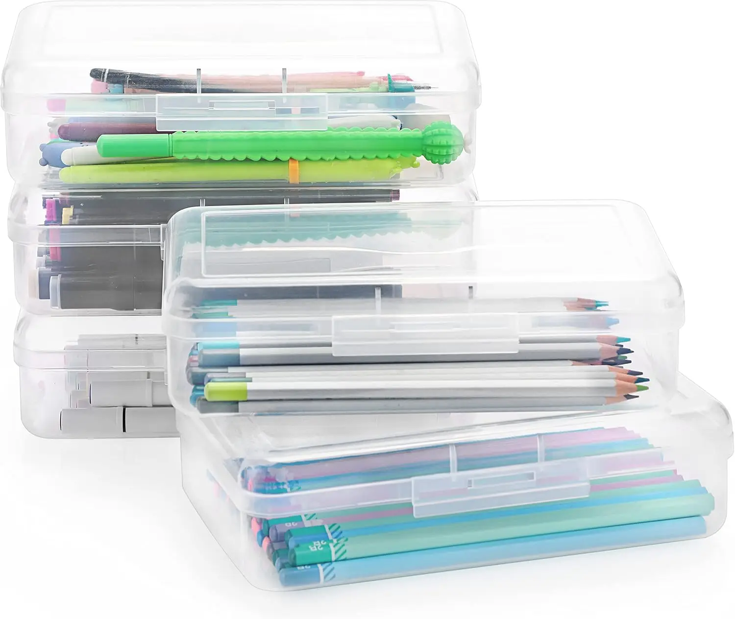 다목적 유틸리티 보관함, 대용량 연필 상자, 스냅 뚜껑 클로저 연필꽂이 플라스틱 연필, 5 팩