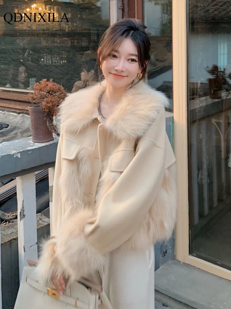 

New Women's Winter Short Fur Coat 2023 Fashion Korean Imitation Fox Hair Splicing Double-sided Tweed Thickened Jackets for Women