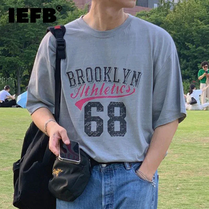 

IEFB Men's T-shirt Korean Style Trendy Letter Printed Round Neck Design 2024 Summer Loose Short Sleeve Fashion Male Top 9C5925