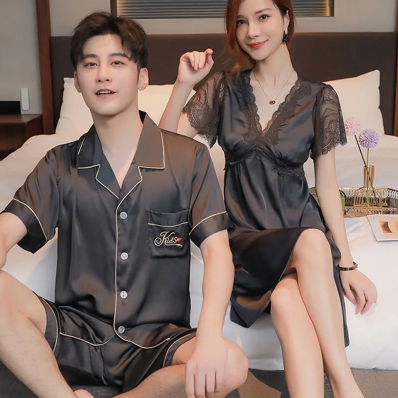 Summer Ice Silk Couples Sleepwear Women's Sexy Lace Nightdress Men's Short Pajamas V Neck Female Nightgown Male Loungewear 2023