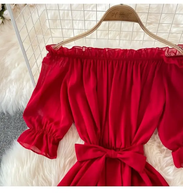 Beach Dress Women Sexy Off The Shoulder Slash Beach Chiffon Dresses Ladies Elegant A Line Bandage Party Dress Long Robe