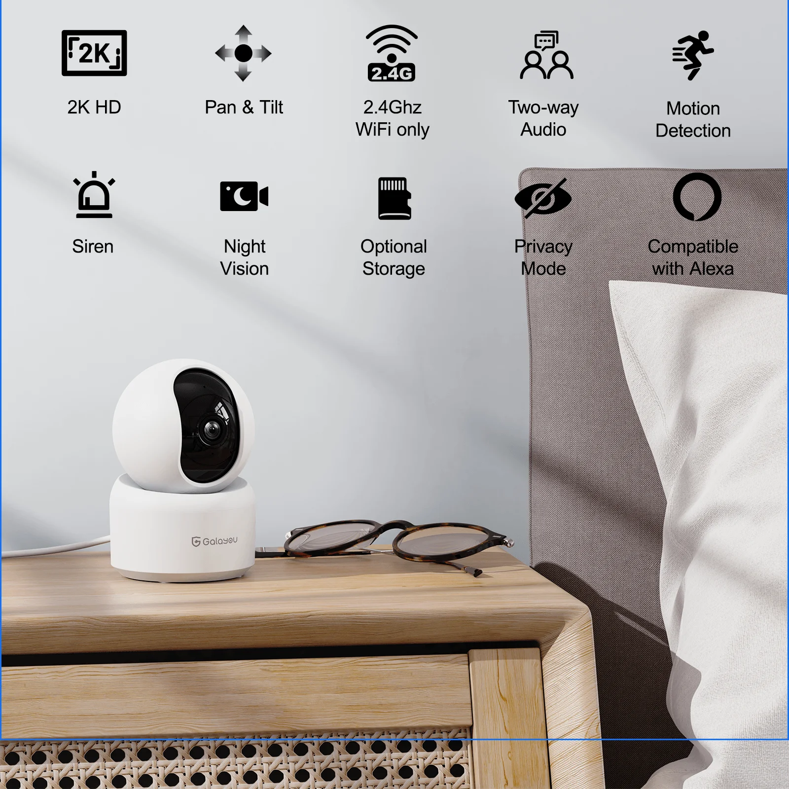 GALAYOU 2K Indoor Security Camera, 360 Degree 2.4G WiFi Camera for Baby/Elder/Nanny with 24/7 SD Card Storage, Works with Alexa
