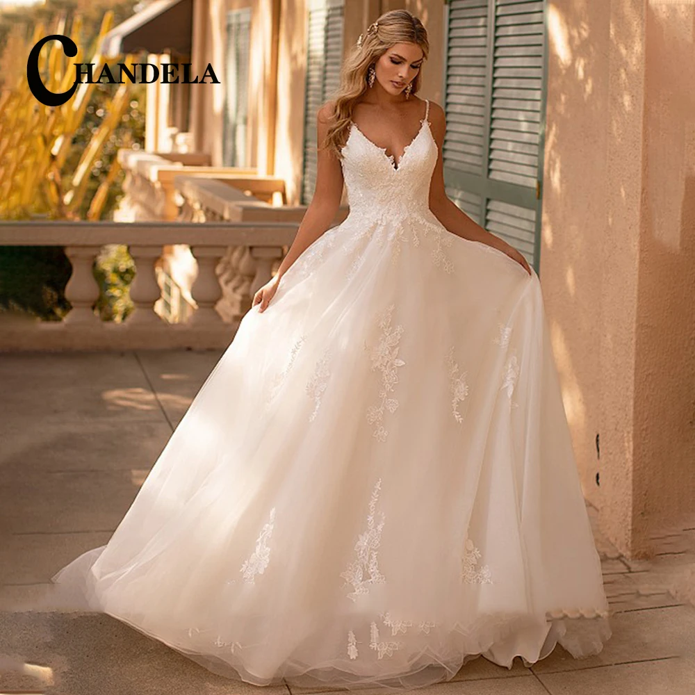 

CHANDELA Delicate Spaghetti Strap Appliques Wedding Dresses 2023 Bride V-Neck Backless A-Line Pleat Custom Made Robe De Mariée