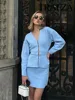 TRAFZA Women Spring Skirt Suits Solid V-Neck Long Sleeve Covered Button Cardigan+High Waist Knitted Mini Skirts Female Slim Sets 4