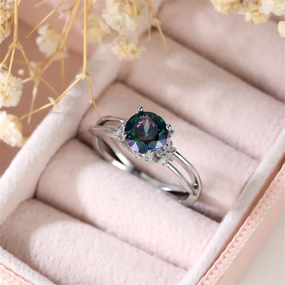Rainbow Crystal Round Stone Rings For Women Classic Silver Color Multicolor Birthstone Wedding Band Jewelry Mother's Day Gift