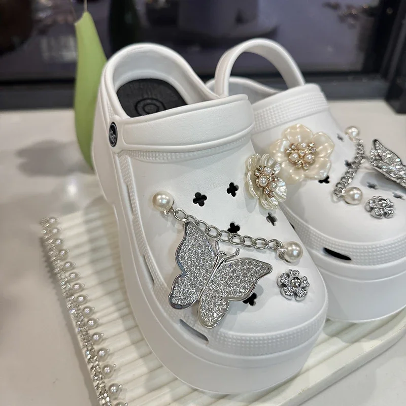 Crystal Butterfly Diy Clogs Sandals Women Summer Chian Chunky Platform Sandles Woman Comfortable Wedge Heels Garden Shoes Female
