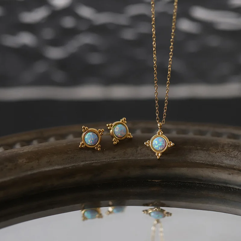 Mini Dainty Blue Imitation Opal Charm Earring Necklaces Set