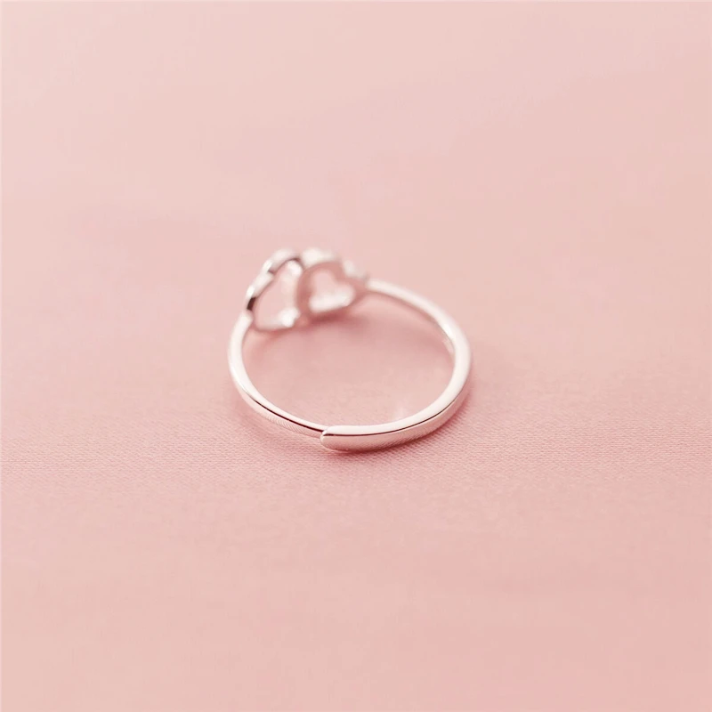 WYEAIIR 925 Sterling Silver Sweet Romantic Openwork Zircon Two Hearts Resizable Opening Ring For Women Luxury Jewelry 5