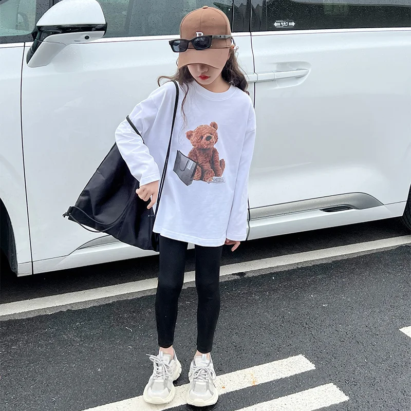 Cotone Bambini Ragazze Amine T Shirt Teen Girl White Cartoon Bear Top A Maniche Lunghe Tee Clothes Camisetas8 10 12 14 Tee Shirt Bambino