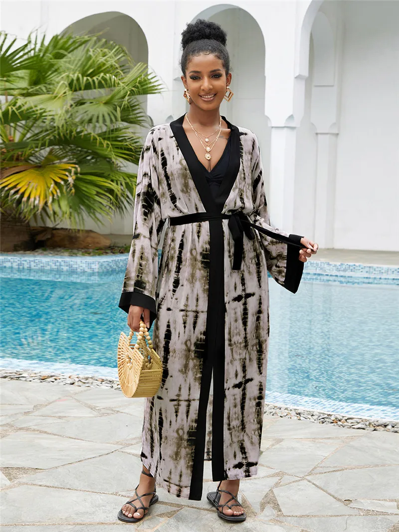 New Tie-dye Print Kaftan Bikini Cover-ups Casual V-neck Maxi Beach Dress Women Cardigan Summer Beach Wear Swim Suit Cover Up