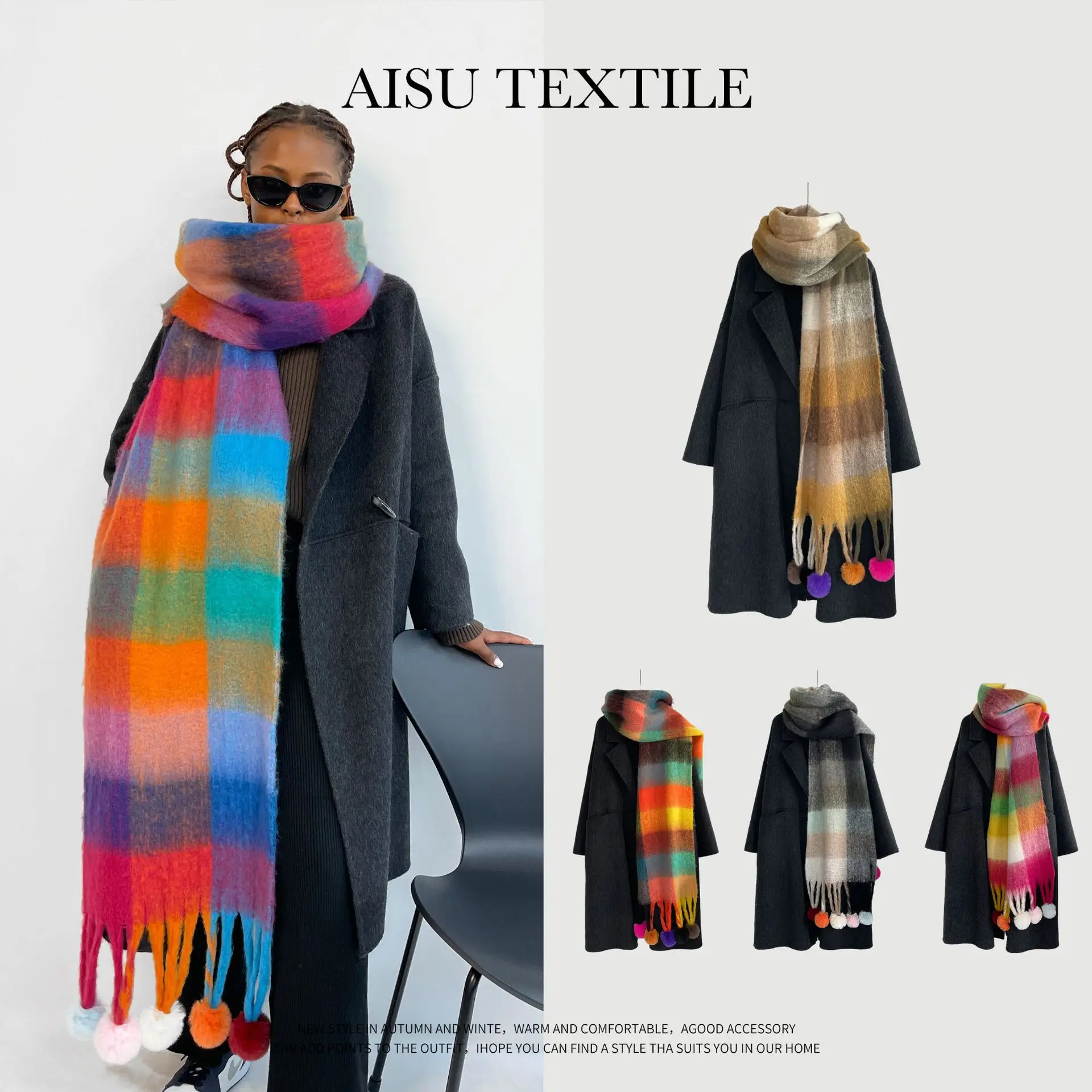 

Ma Haimao Women's Winter Warm Colored Wool Ball Thickened Scarf