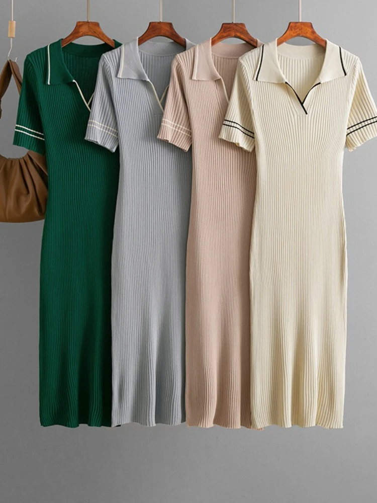 Neu im Sommer, elegantes, schlankes Strickkleid für Damen, lässig, Polo-Ausschnitt, kurze Ärmel, Strickwaren, Vestidos, modische Kurzarm-Kleider