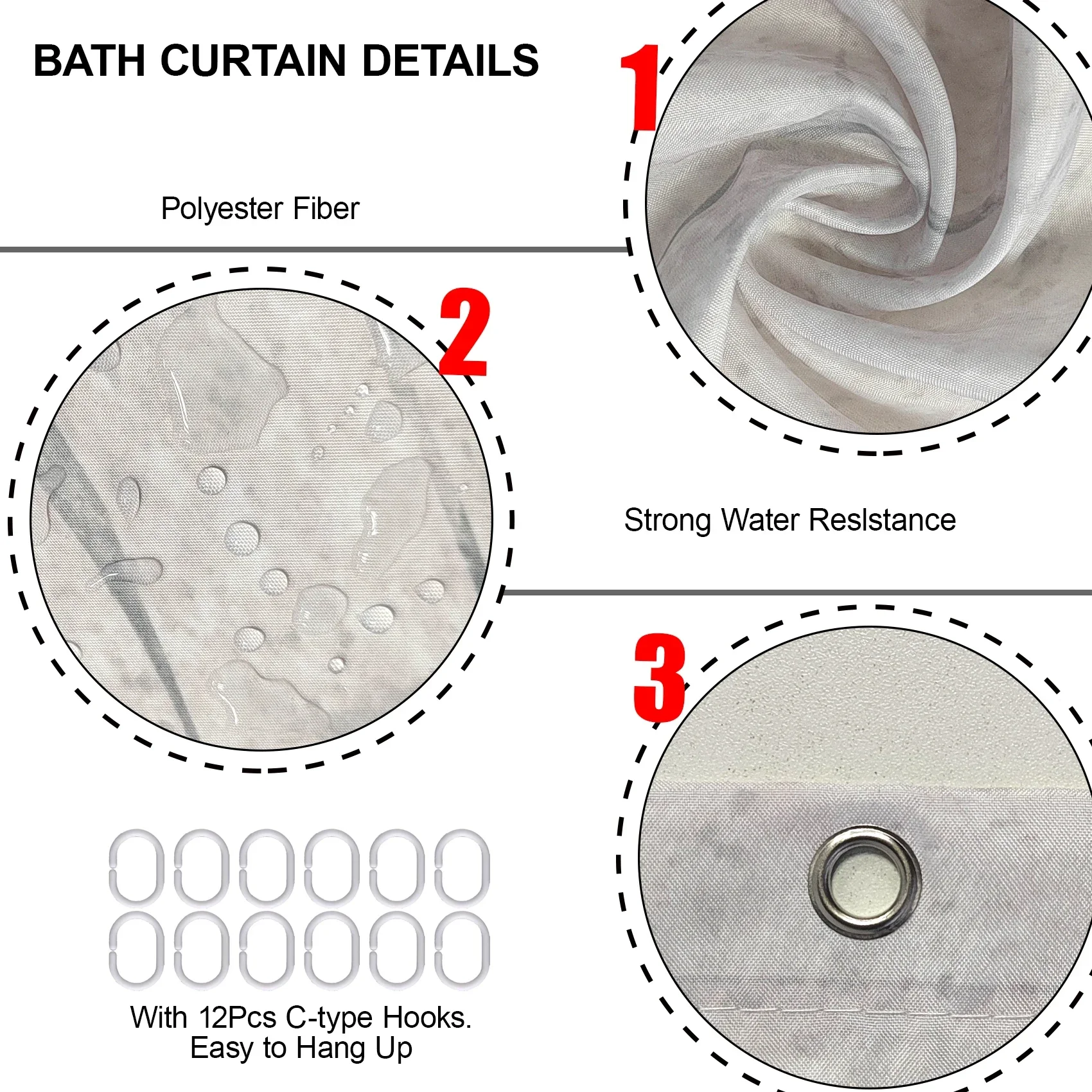 Elegant Grey and Gold Marble Abstract Waterproof Washable Fabric Shower Curtain