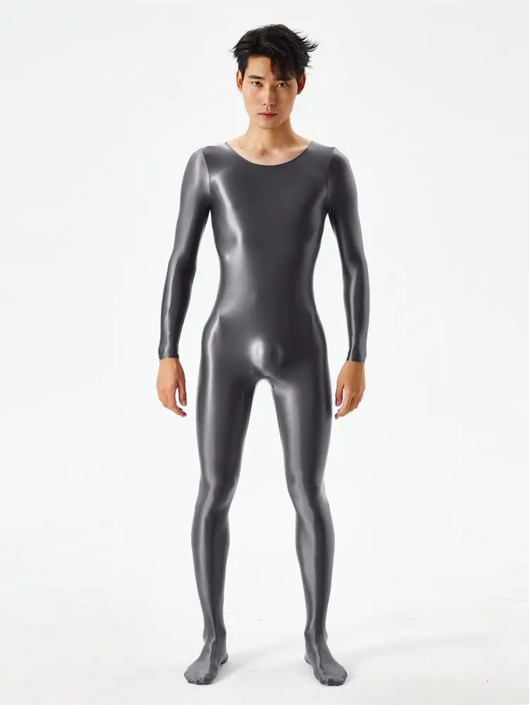 Sexy Oil Shiny Smooth Jumpsuit High Elastic Unisex Full Body Bodysuit O Neck Long Sleeve Tights Shapewear Elegant Club Costumes cosplay costume