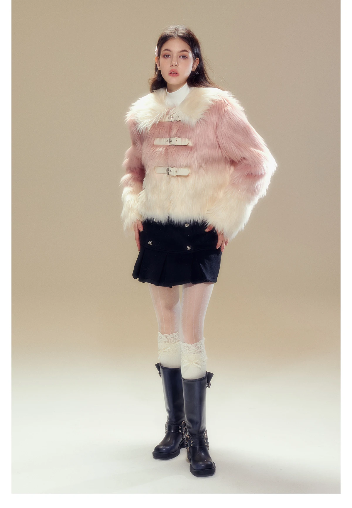 Fashion Pink Sweet Cute Round-Collar Long Sleeve Women's Coat 2023 Autumn Winter Slimming Fake Fur Jacket