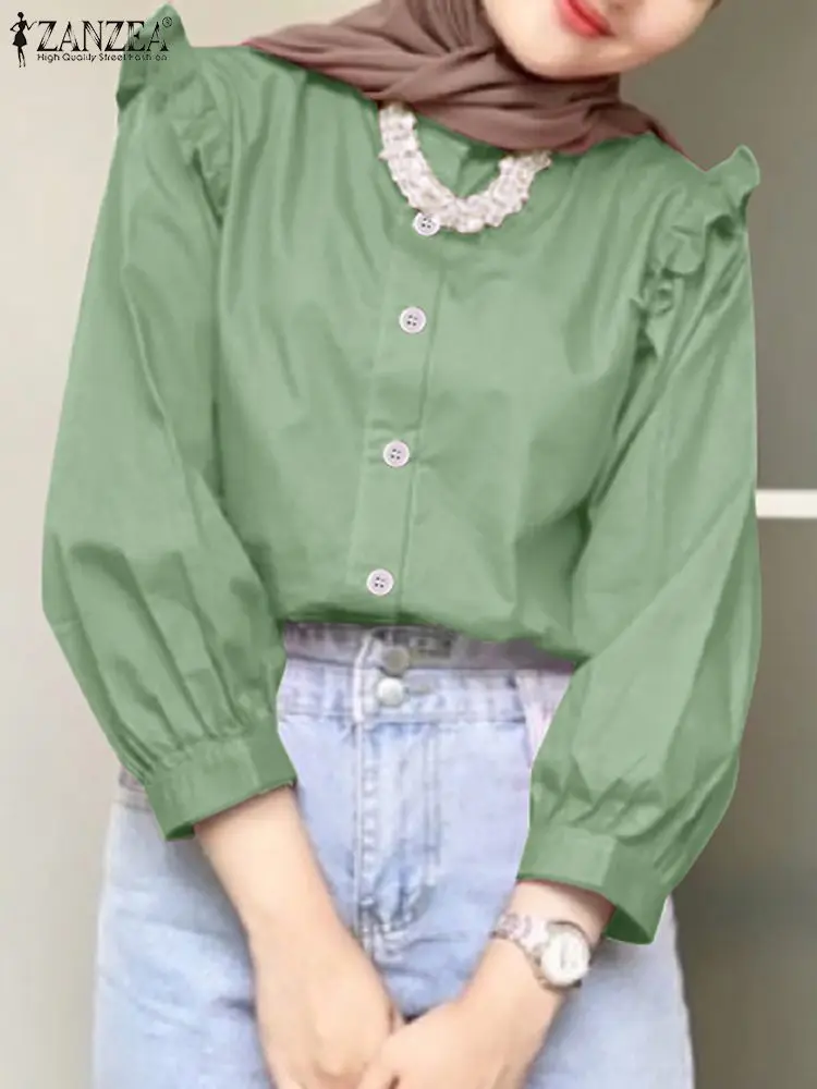 

ZANZEA Fashion Ruffles Muslim Blouse Woman Puff Sleeve O Neck Shirt Autumn Casual Ramadan Blouses Female Elegant Party Tops