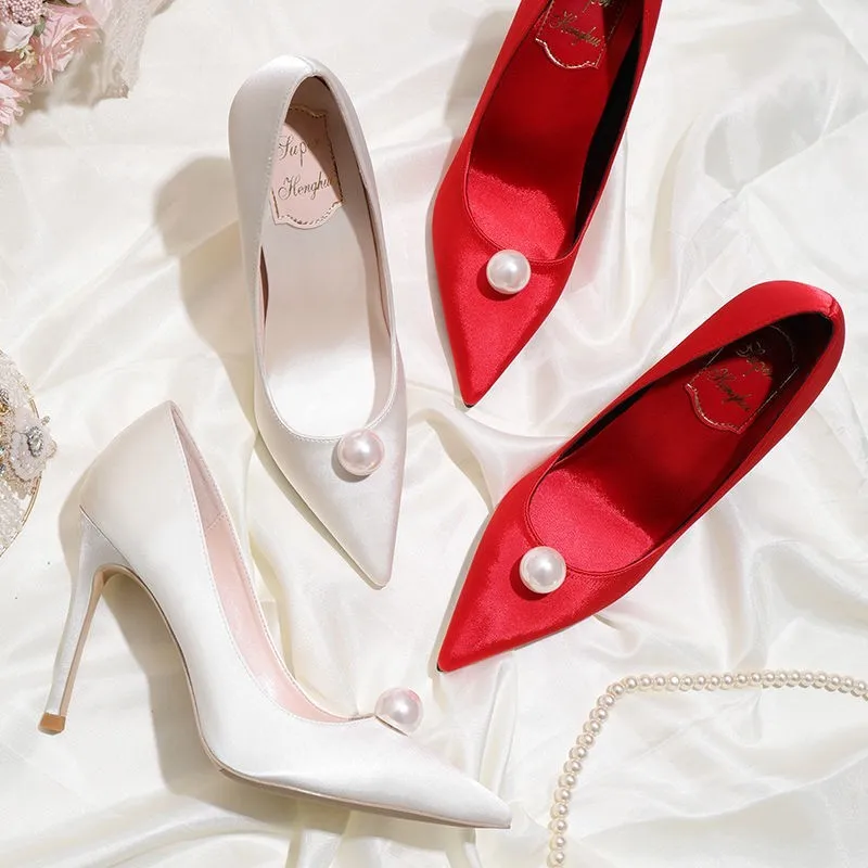 2024 New Pointed White Pearl 7cm Thin High Heel Women's Red Bridal Wedding Shoes 2