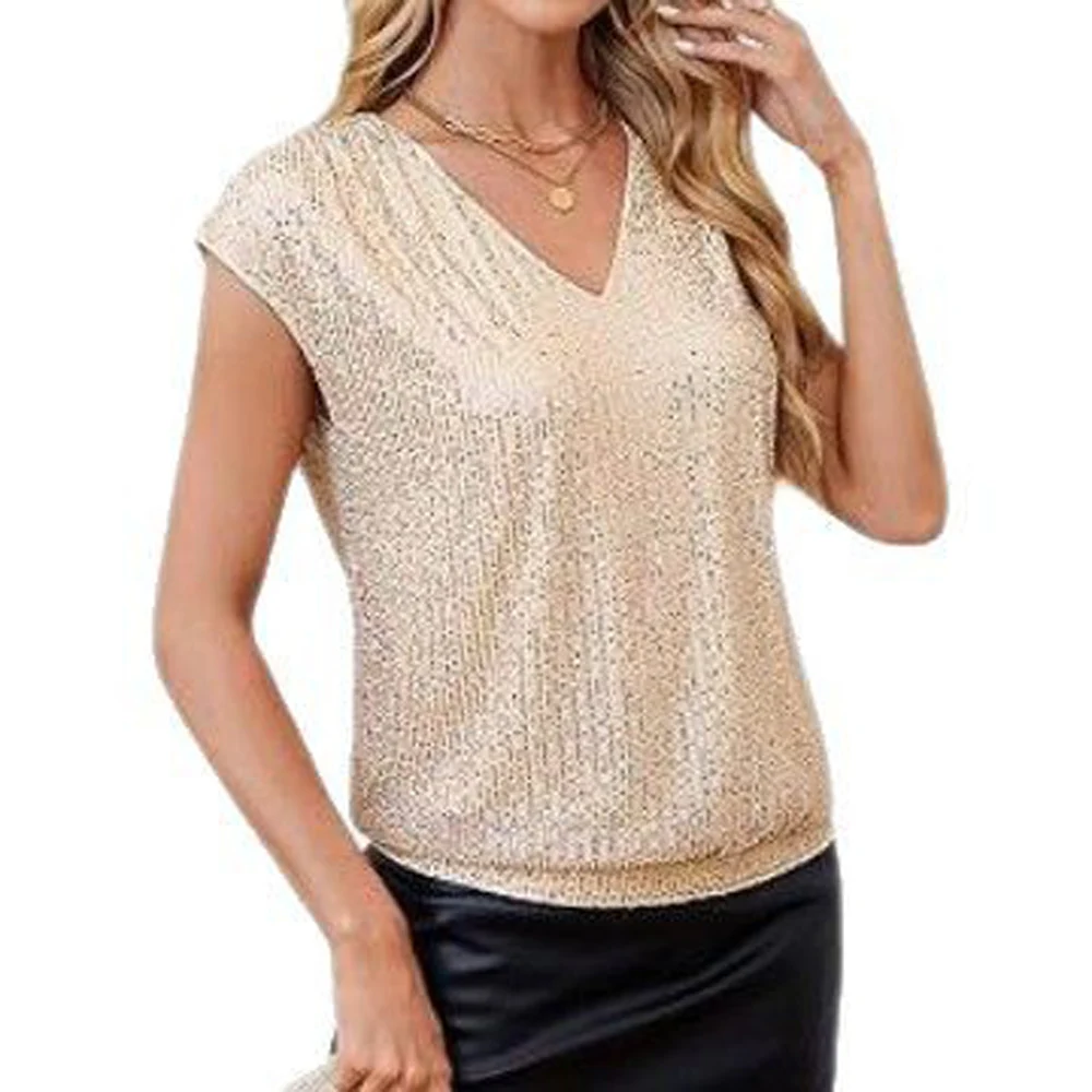 Sequined V Neck Sleeveless Loose Fit Women Dance Tops