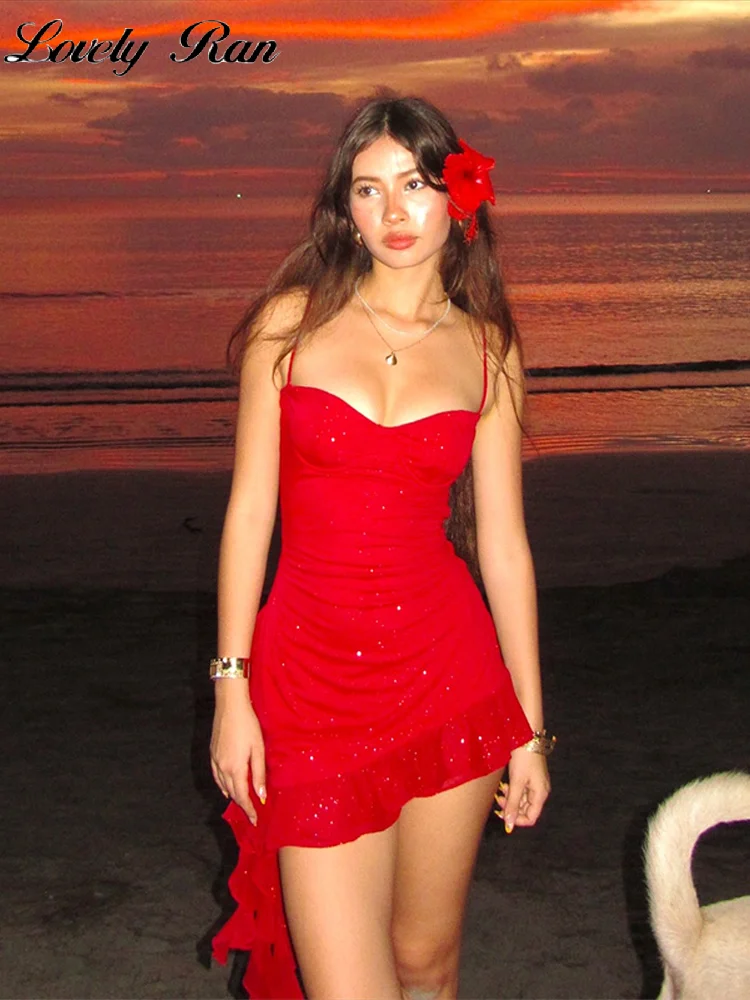 Sexy Ruffle Sling Dress Women Red Beach Sleeveless Backless Mini Female Dresses 2025 Spring Summer Lady Vacation Party Robe 3