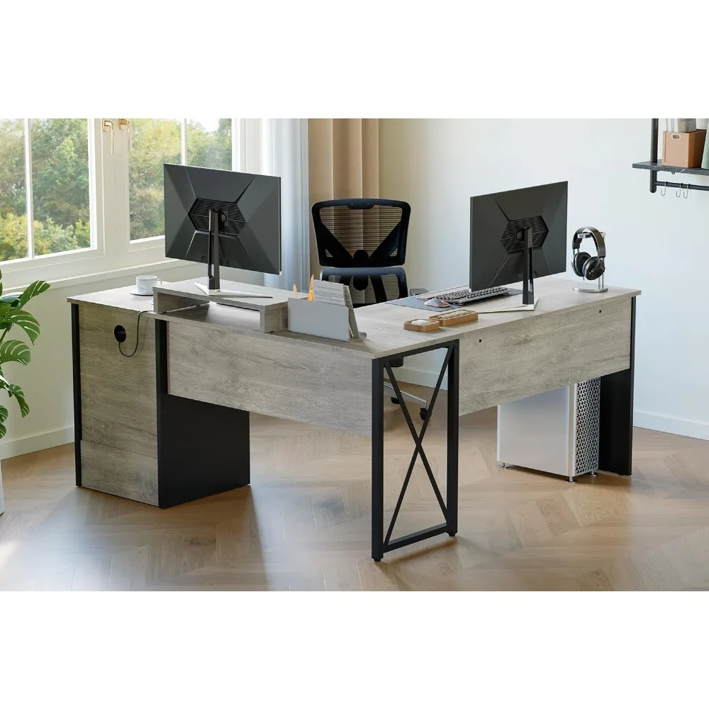 L Shaped Desk with Drawers, 55 inch Office L Desk with Reversible File Drawer, Industrial Wood Computer Desk 6