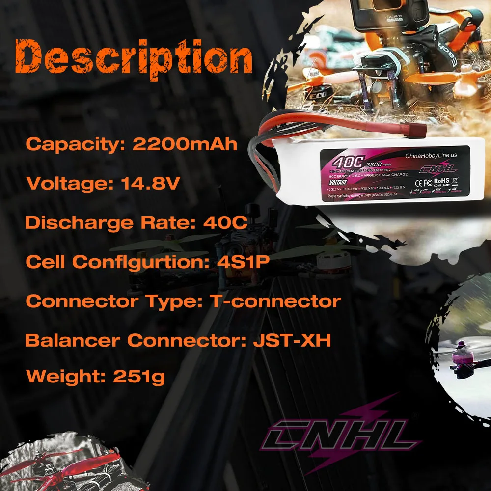 2pcs CNHL 4S 14.8V 2200mAh Lipo Battery 30C 40C 70C With XT60 T Dean Plug For RC Airplane Car FPV Helicopter Drone Quadcopter 4