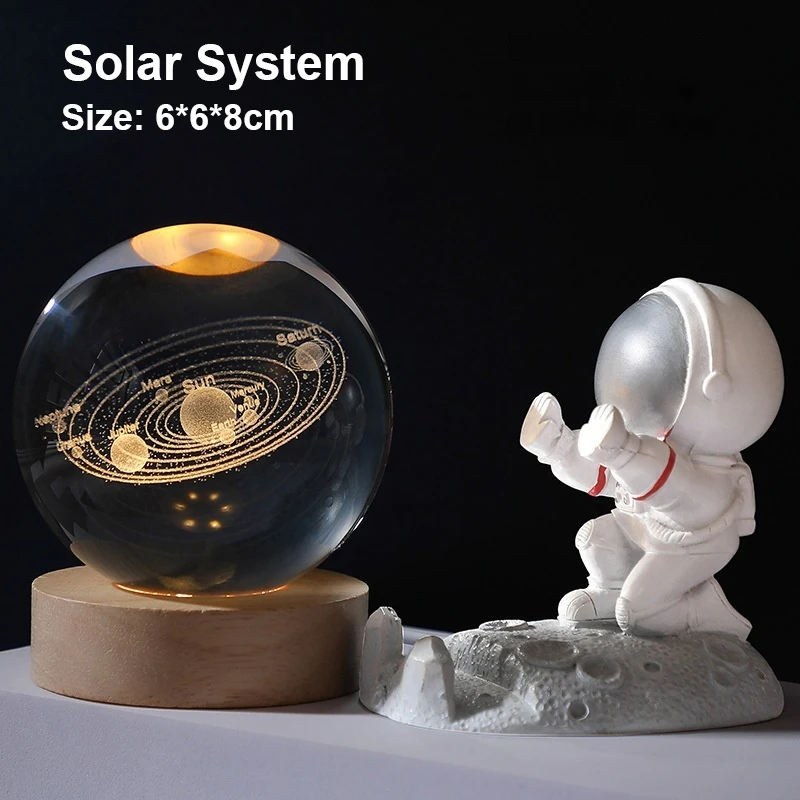 LED Night Lamp 6cm 3D Crystal Ball GlassSphere RGB Color Shift Base Astronomy Galaxy Wooden Stand