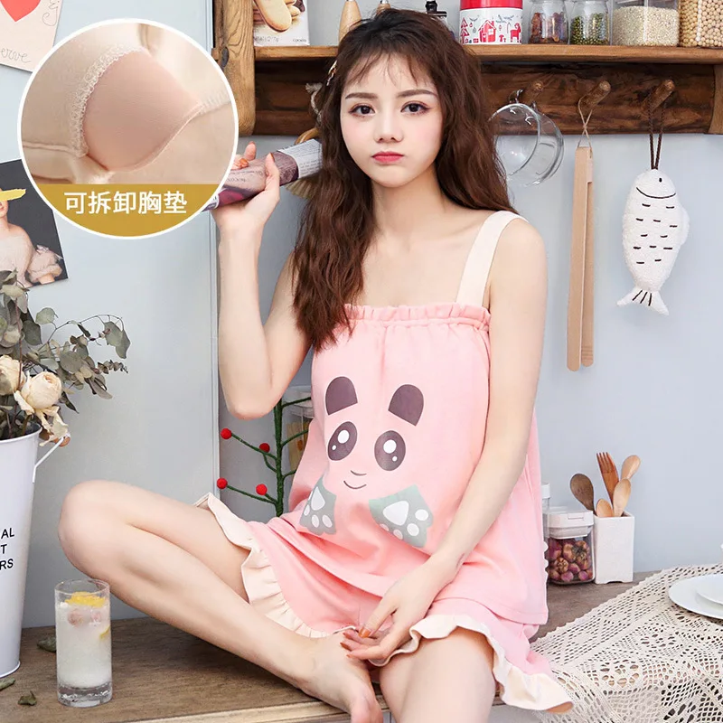 Combed Cotton Women Pajamas Sets Strawberry Pyjamas Loungewear Pijamas Sling Sleeveless Top with Chest Pad Shorts Suit Sleepwear