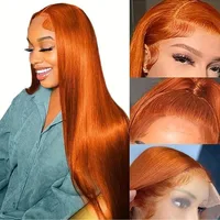 200% densité gingembre droite perruques de cheveux humains os droit 13x6 HD dentelle frontale perruques de cheveux humains pré plumés pour les femmes brésiliennes 3
