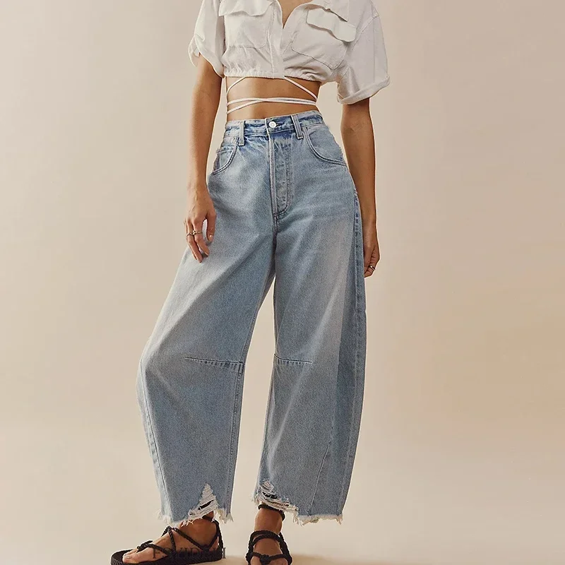 Street Clothing Casual Straight Leg Pants New Solid Color Wide Leg Jeans, Fashionable Button Pocket Short Women's Pants YDL15