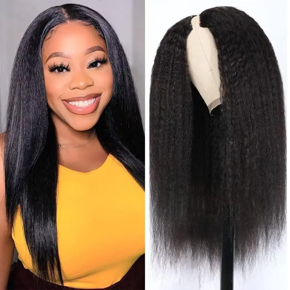 Yaki Straight V Part Human Hair Wigs Natural Color Glueless V Shape No Leave Out Kinky Straight Wigs Peruvian Hair 10-30 inches