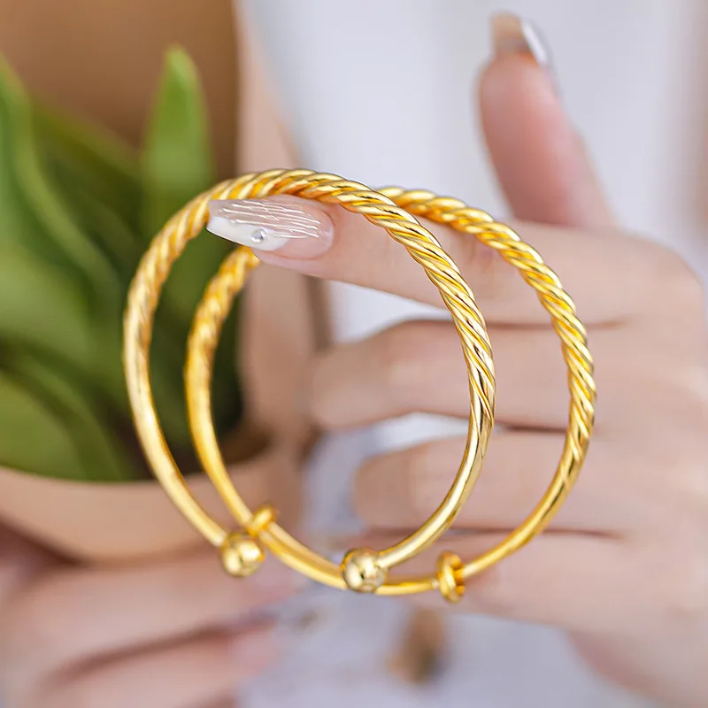 

24K Yellow Gold Color Jewelery Bangle for Solid Smooth Fried Dough Twists Push Pull Bracelet Not Fade Jewelry Gifts