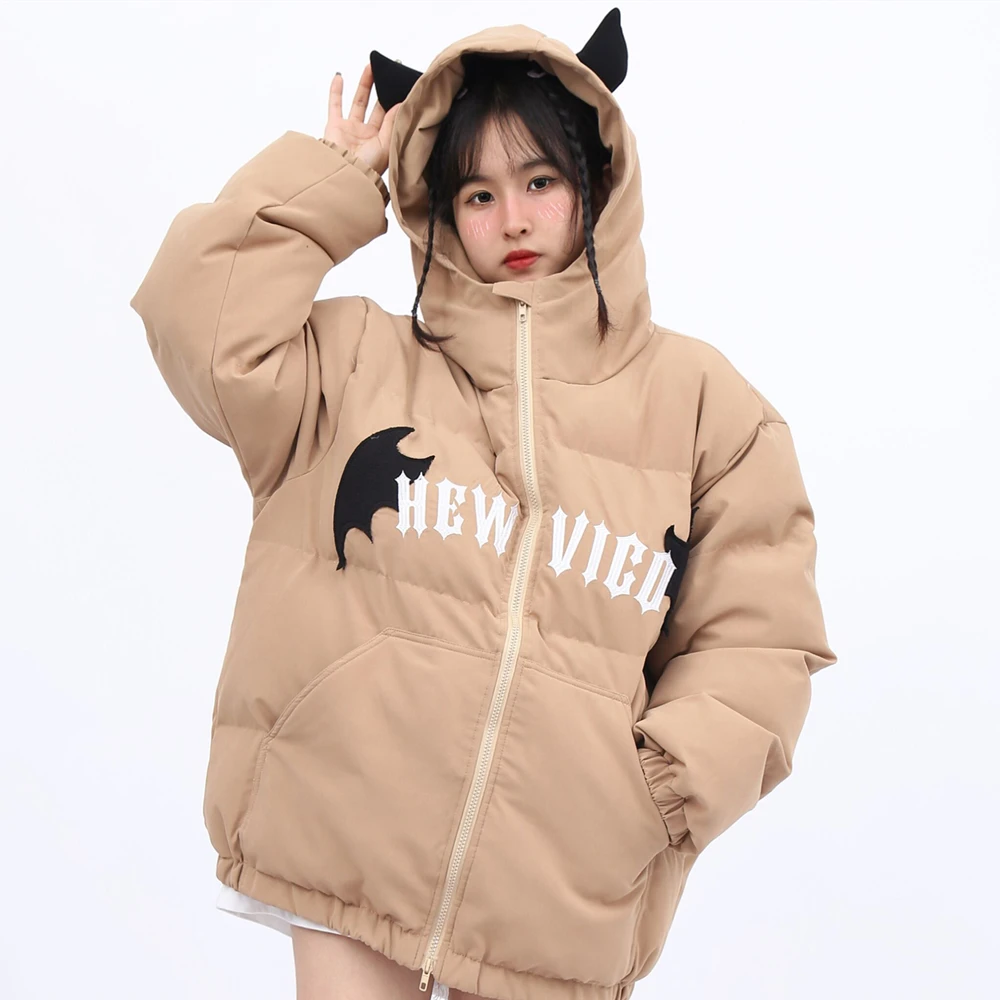 Harajuku Mens Women Goth Y2k Dark Devil Horn Embroidery Quilted Coats Thicken Warm Cotton Jacket Loose Kawaii Winter Clothes
