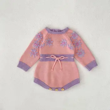 2025 Autumn New Baby Girl Flower Print Long Sleeve Knit Bodysuit Newborn Girl Jumpsuit Embroidery Toddler Clothes