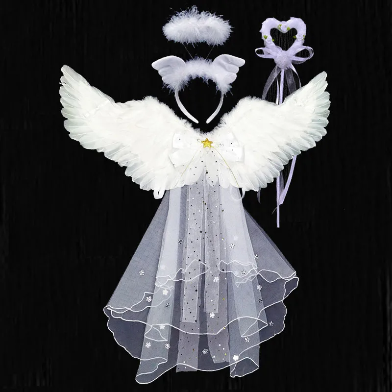 Feather Angel Wings Party Costume Fancy Dress Fairy Wing Halo Ring Flower Headband Bacchetta Magica Decorazione Natalizia 2023