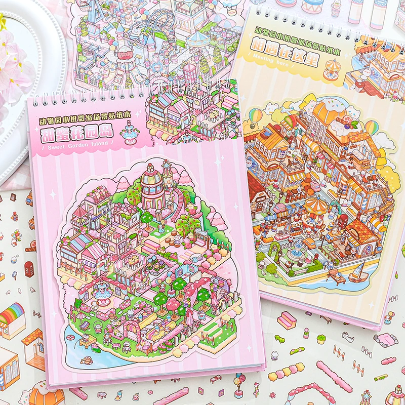 20Pcs 20in1 Cartoon Landscape Sticker Book DIY 3D Pocket Cabin Scene Stickers Gift for Kid Child Scrapbook supplies