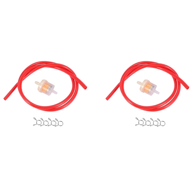 2 Pezzi 6Mm Filtro Benzina + Tubo Benzina Tubo Linea + 8 Clip Mini Per Moto Scooter Dirt Bike Rosso