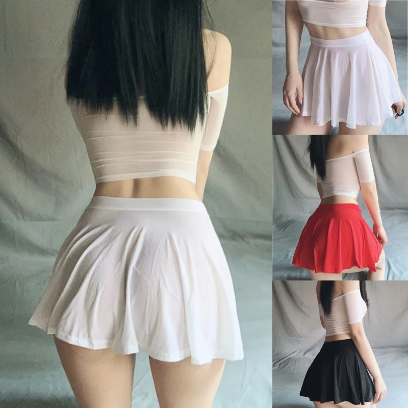 Sexy See Through Short Skirt Sexy Dress For Ladies Summer Ultra-Thin Clubwear Pleated Skirts Solid Color High Waist Woman Skirt