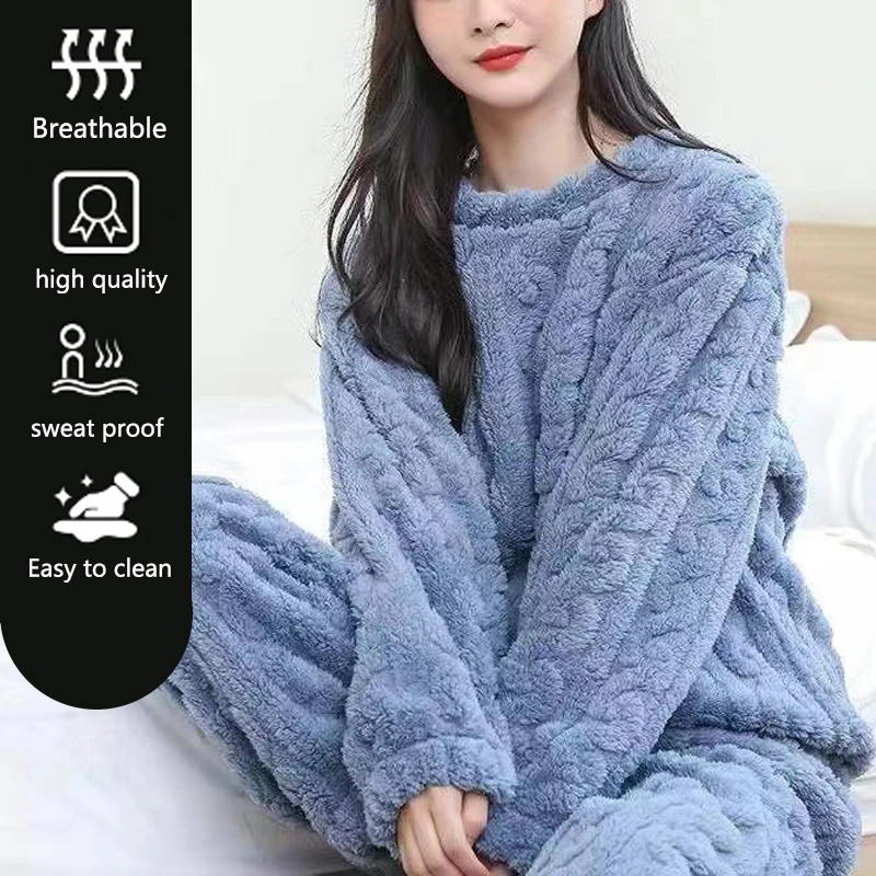 Women's Flannel Pajamas Thickened Warm Autumn and Winter Long-Sleeved Solid Striped Homewear Black Plus Size School Loungewear