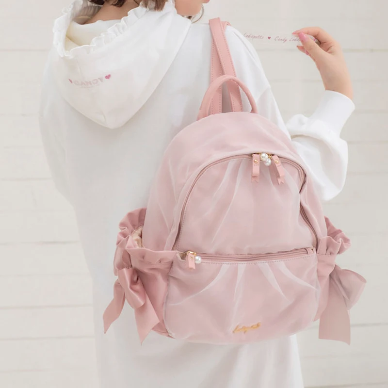 Sweet Cute Casual Girlish Heart Cute Bowknot Mesh Backpack Japanese Style Students Schoolbag Commute Shoulder Women's Bags 2