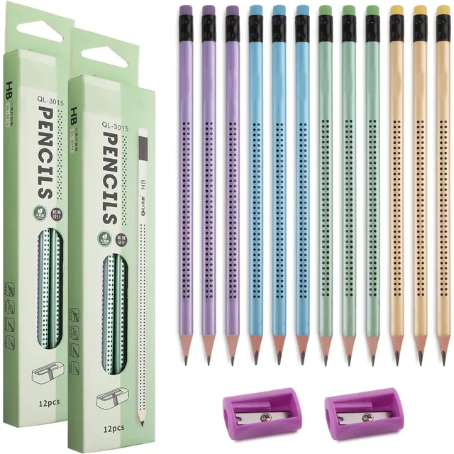 12 Pcs New children's cartoon triangle HB dot pencil multicolor mixed with rubber student calligraphy set  writing instrument