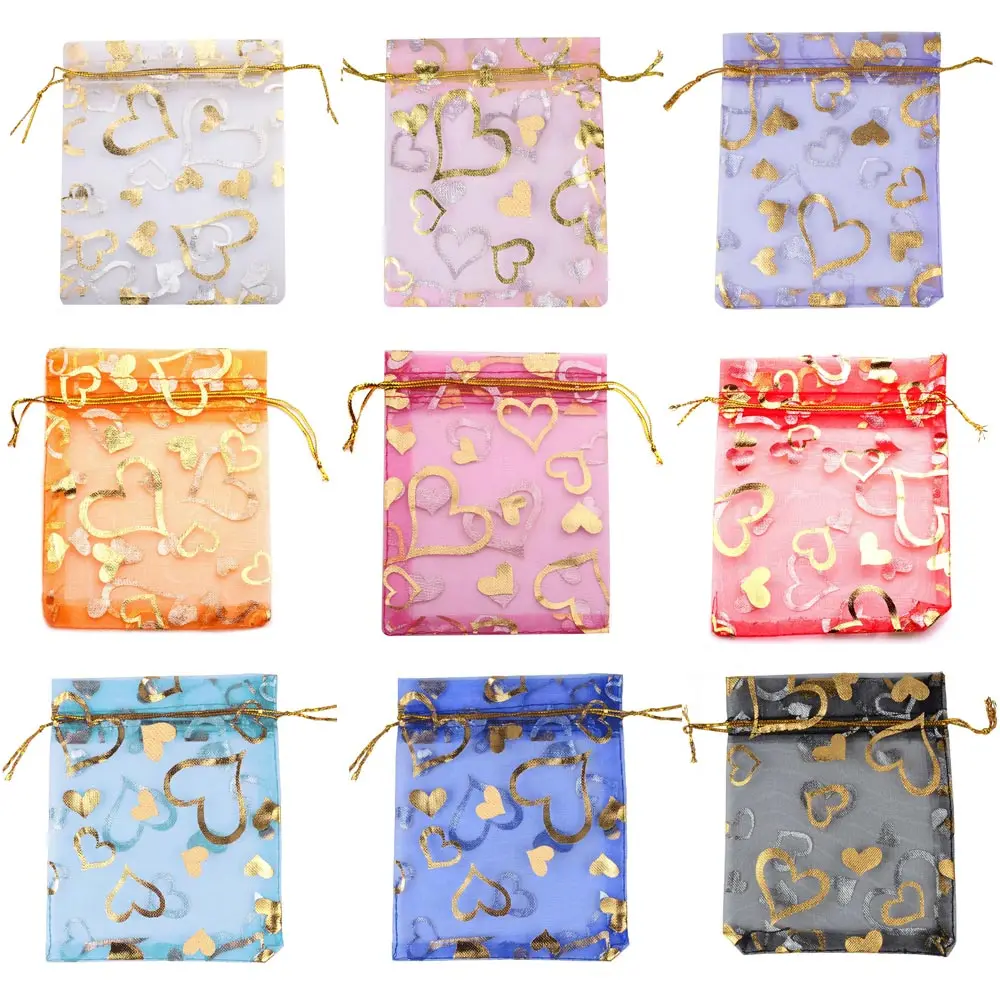 25/50/100pcs/lot Love Heart Organza Gift Bag Gold Color Heart Gifts Pouches For Wedding Party Candy Valentine Day Jewelry Bag