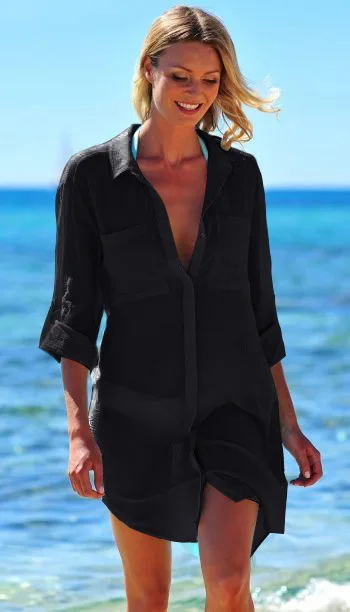 New Beach Cover Up Robe Plage Pocket Swimsuit Cover Up Sarong Beach Shirt Tops Bathing Suit Women Beachwear Pareo Tunic 2 bikini bottom cover up