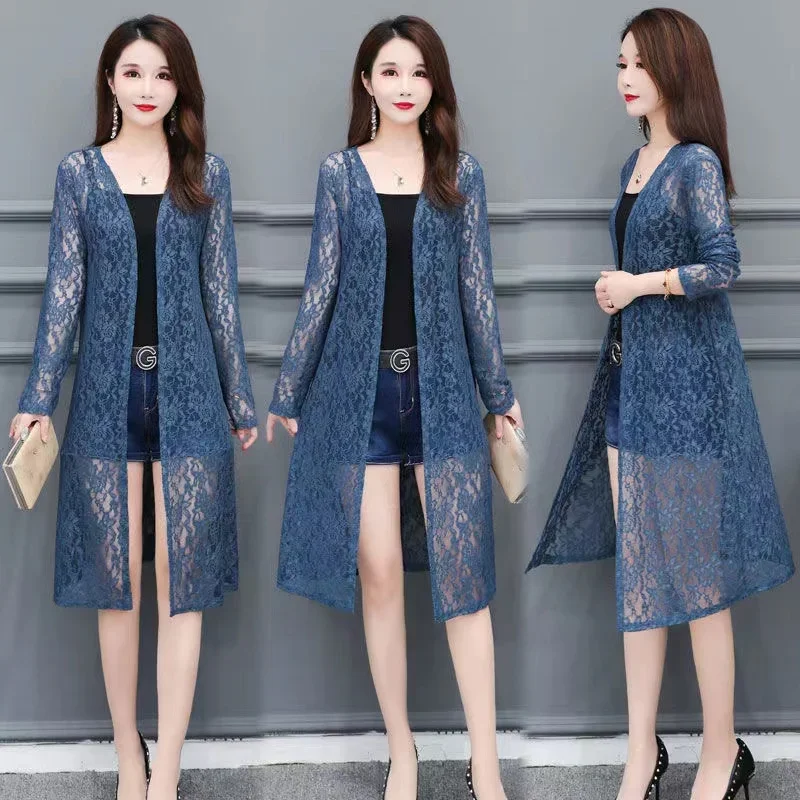 Fashion Women Lace Cardigan Mid-length Summer Mesh Shawl Loose Sun Protection Clothing Women Jacket Shirt Outerwear 3