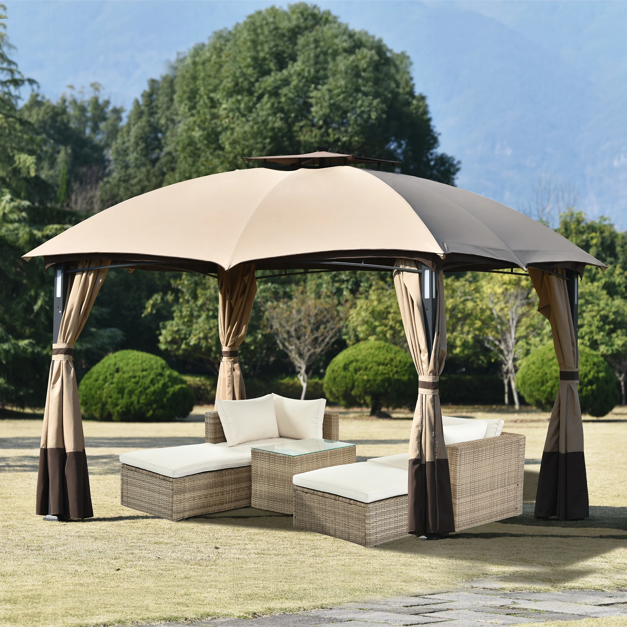 

10ft W*12ft L Outdoor Double Vents Gazebo Patio Metal Canopy with Screen and LED Lights for Backyard, Poolside, Brown