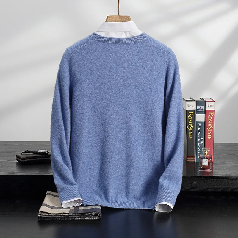 Autumn/Winter New Men's 100% Cashmere Pullover Business Casual Solid Knitted Sweater Loose V-neck Tops Basic Thick Warm Jumper - Image 2